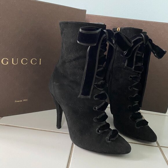 Gucci Black Kid Suede Velvet Lace-up Boots Size 38 - Picture 1 of 11